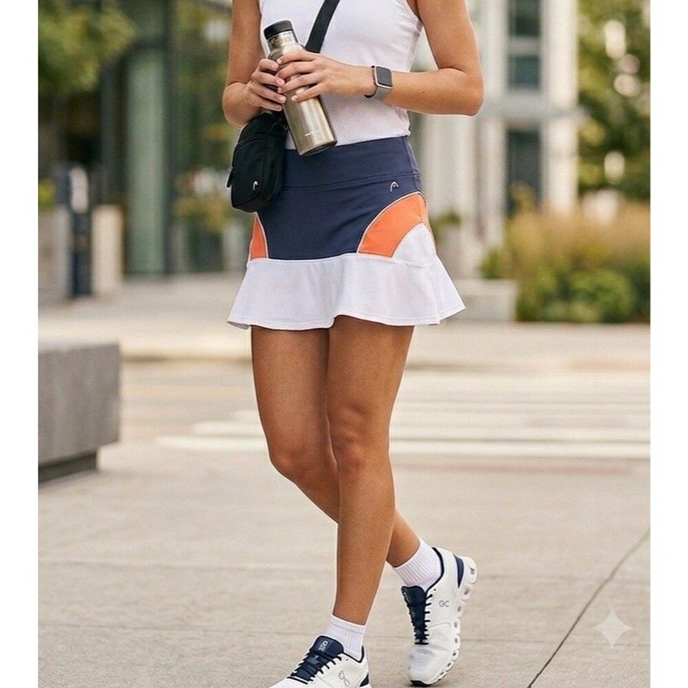HEAD Women's Colorblock Tennis Skort Small Navy Orange Flounce Ruffle Pickleball